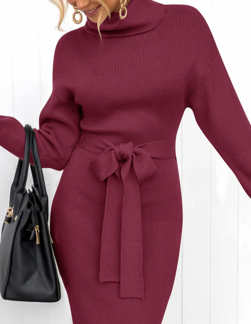 imageZESICA Womens Turtleneck Sweater Midi Dress Long Sleeve Ribbed Knit Bodycon Slit Dress with BeltPlum