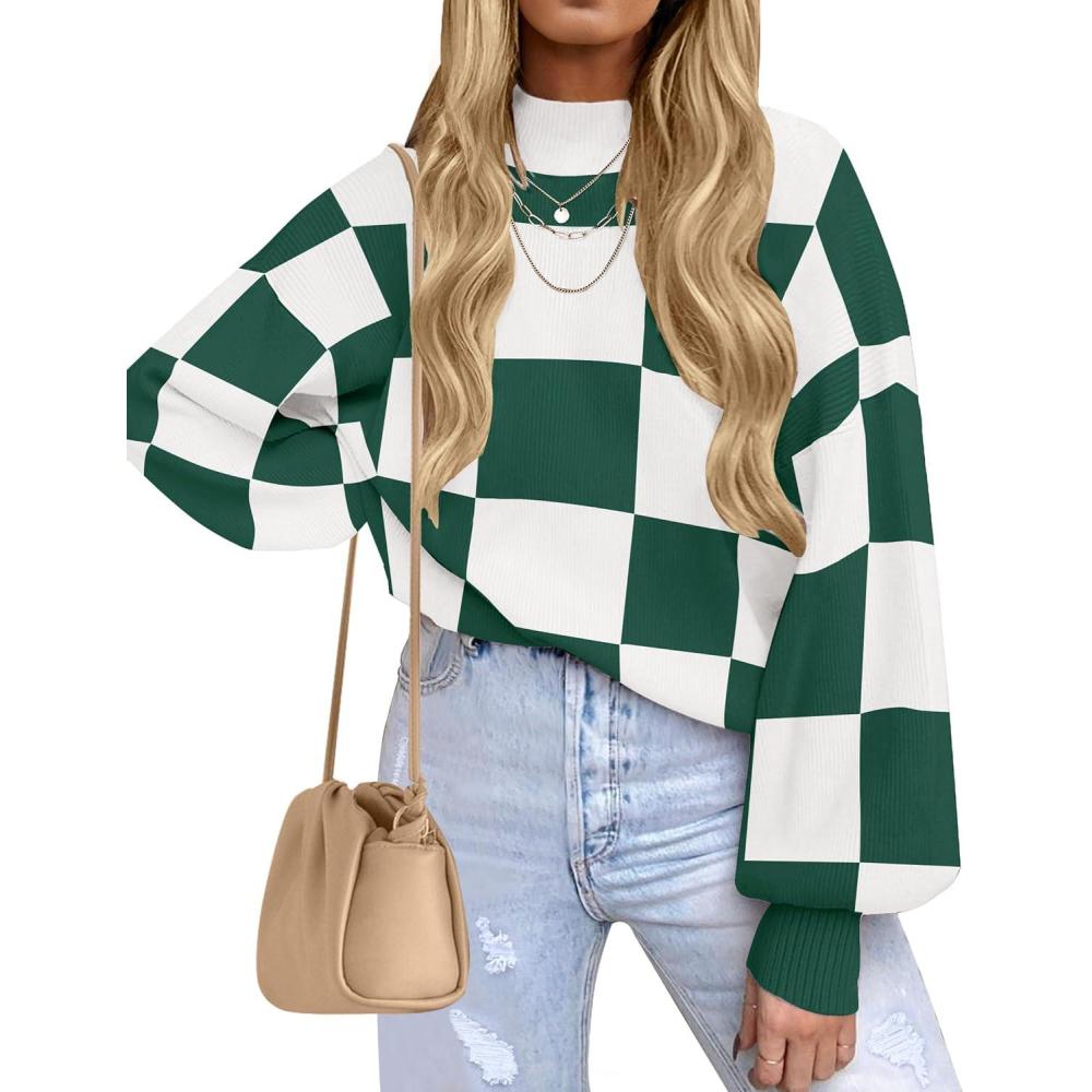 imageZESICA Womens 2026 Fall Fashion Turtleneck Long Sleeve Striped Ribbed Knit Loose Pullover Sweater TopsDarkgreenplaid