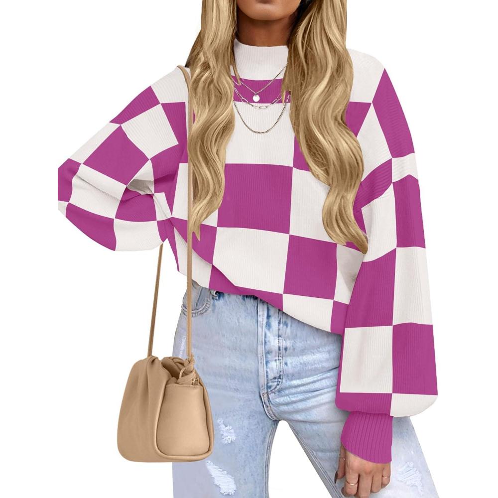 imageZESICA Womens 2026 Fall Fashion Turtleneck Long Sleeve Striped Ribbed Knit Loose Pullover Sweater TopsEggplant
