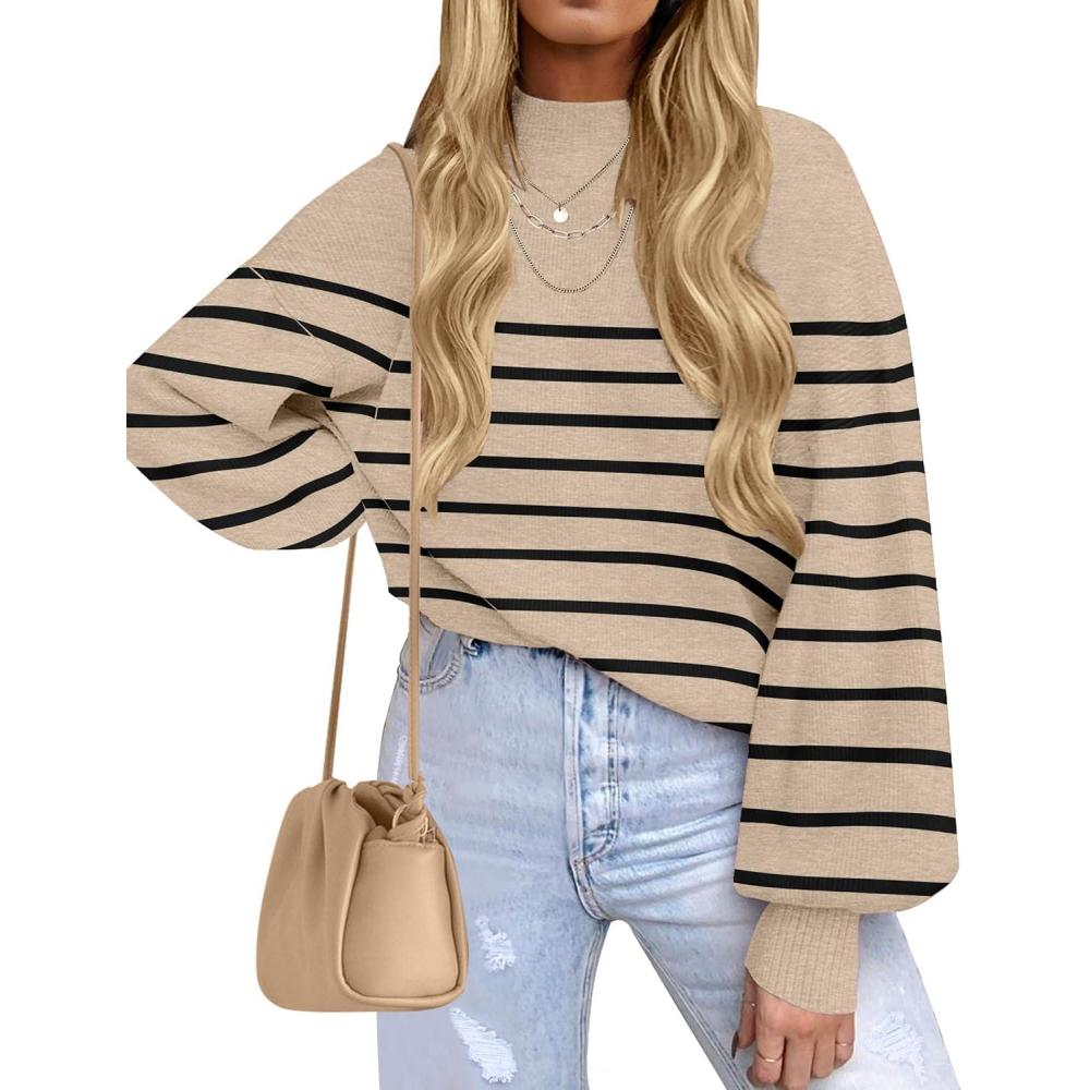 imageZESICA Womens 2026 Fall Fashion Turtleneck Long Sleeve Striped Ribbed Knit Loose Pullover Sweater TopsOatmeal