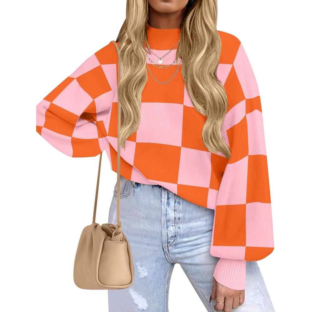 imageZESICA Womens 2026 Fall Fashion Turtleneck Long Sleeve Striped Ribbed Knit Loose Pullover Sweater TopsOrange