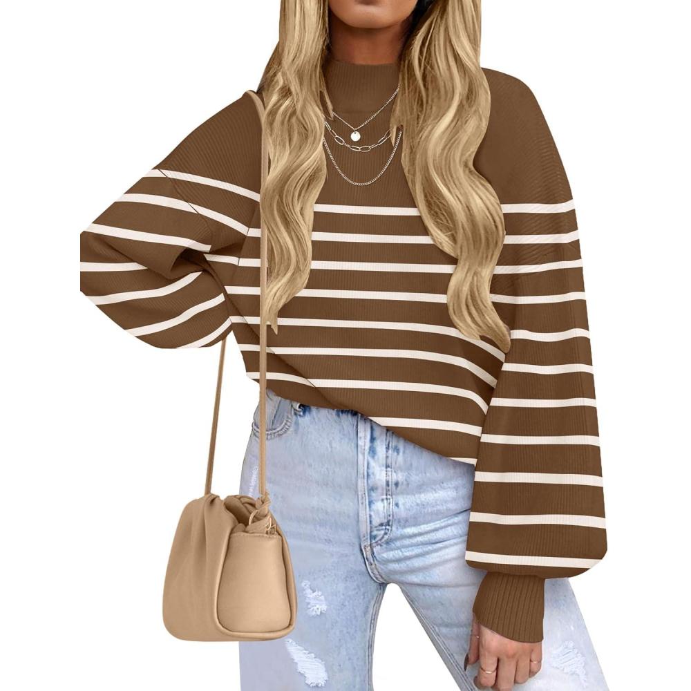 imageZESICA Womens 2026 Fall Fashion Turtleneck Long Sleeve Striped Ribbed Knit Loose Pullover Sweater TopsTan