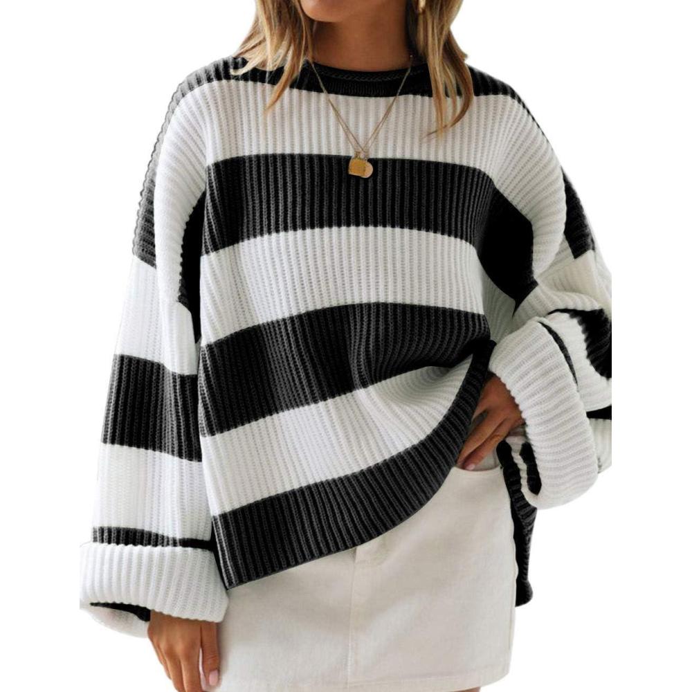 imageZESICA Womens 2026 Fall Long Sleeve Oversized Striped Color Block Comfy Loose Crew Neck Knitted Pullover SweaterBlackstriped