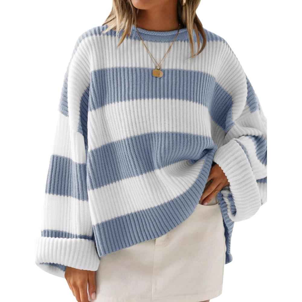 imageZESICA Womens 2026 Fall Long Sleeve Oversized Striped Color Block Comfy Loose Crew Neck Knitted Pullover SweaterBlue