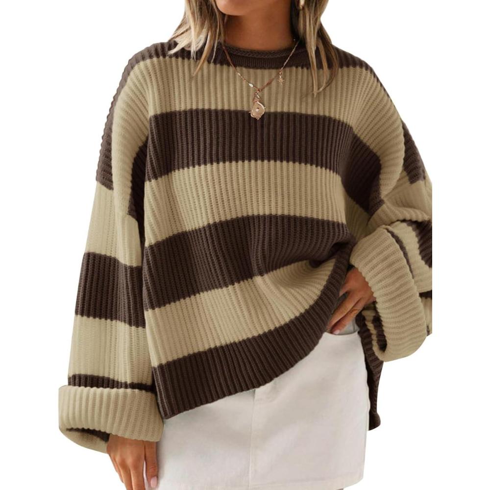 imageZESICA Womens 2026 Fall Long Sleeve Oversized Striped Color Block Comfy Loose Crew Neck Knitted Pullover SweaterBrown