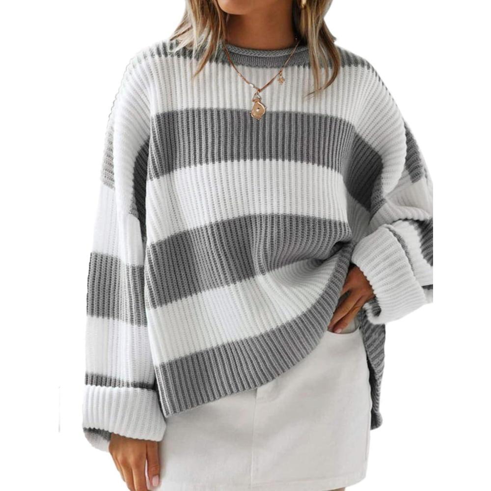 imageZESICA Womens 2026 Fall Long Sleeve Oversized Striped Color Block Comfy Loose Crew Neck Knitted Pullover SweaterGrey