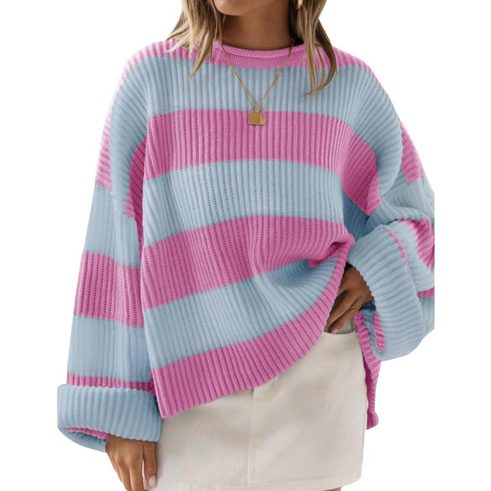 imageZESICA Womens 2026 Fall Long Sleeve Oversized Striped Color Block Comfy Loose Crew Neck Knitted Pullover SweaterRosypink