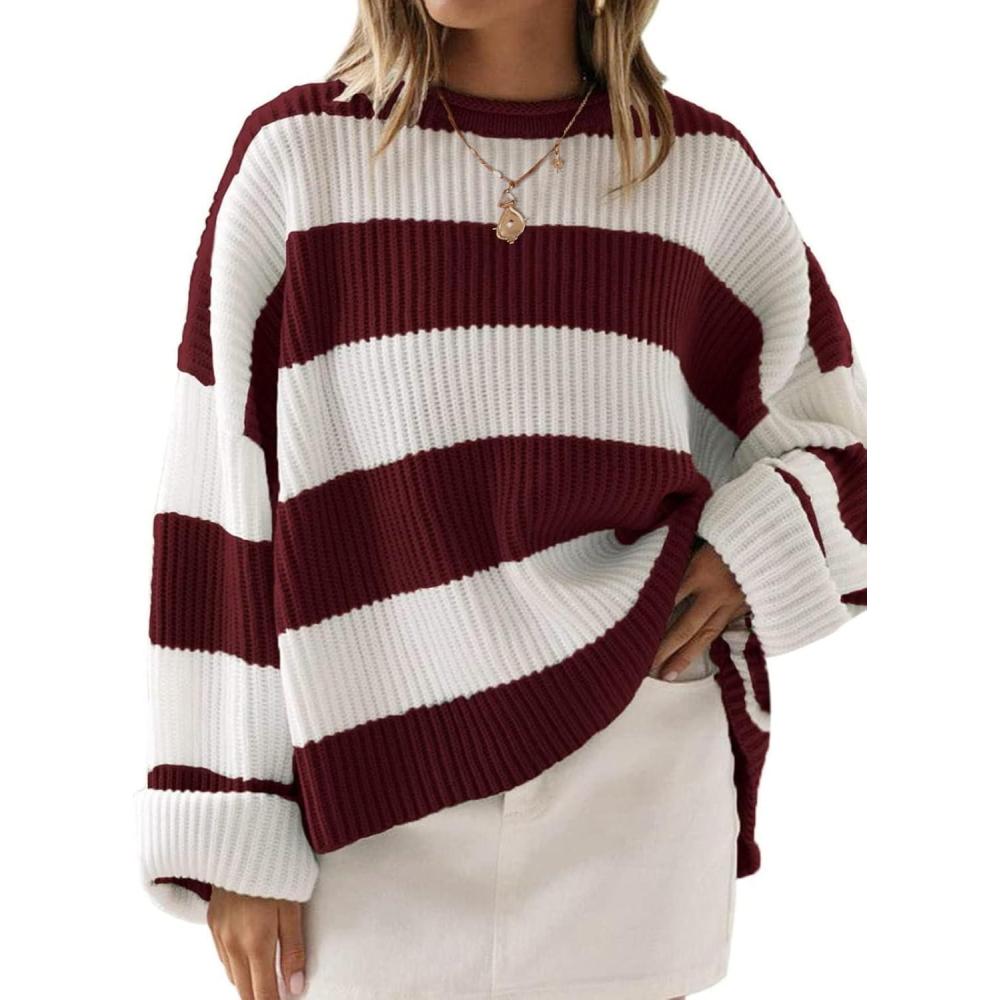 imageZESICA Womens 2026 Fall Long Sleeve Oversized Striped Color Block Comfy Loose Crew Neck Knitted Pullover SweaterWine