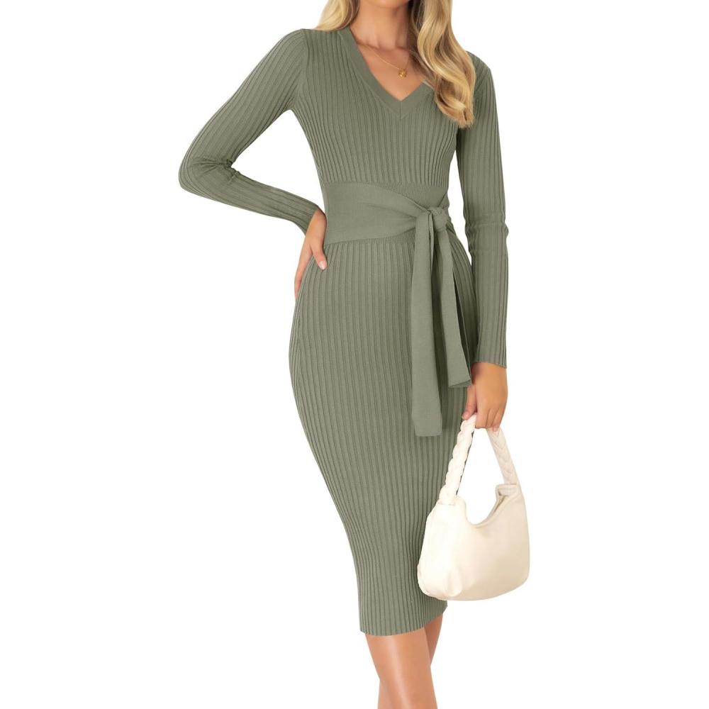imageZESICA Womens 2026 Spring Sweater Dress V Neck Long Sleeve Ribbed Knit Tie Waist Bodycon Slim Fit Midi DressesArmygreen
