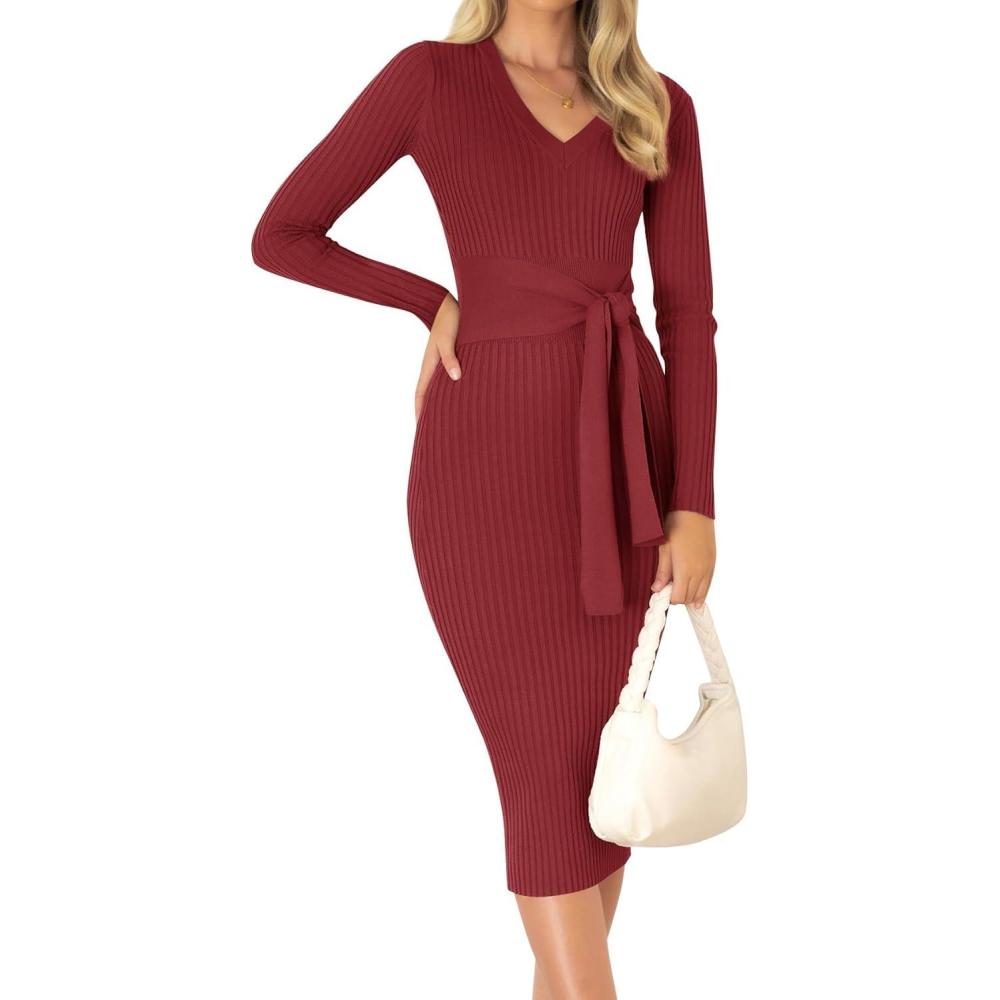 imageZESICA Womens 2026 Spring Sweater Dress V Neck Long Sleeve Ribbed Knit Tie Waist Bodycon Slim Fit Midi DressesRed