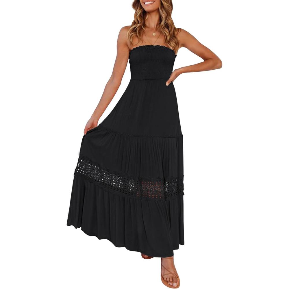 imageZESICA Womens 2026 Summer Bohemian Strapless Off Shoulder Lace Trim Backless Flowy A Line Beach Long Maxi DressBlack