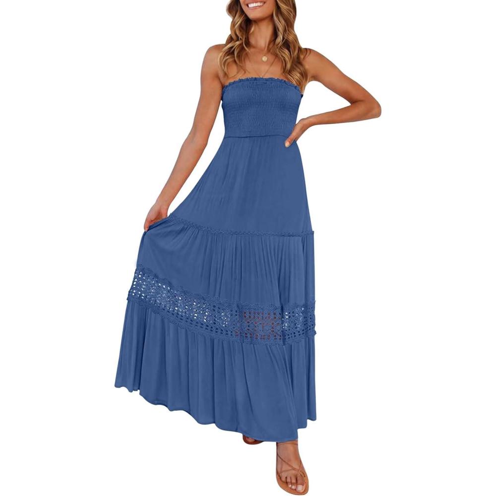 imageZESICA Womens 2026 Summer Bohemian Strapless Off Shoulder Lace Trim Backless Flowy A Line Beach Long Maxi DressBlue