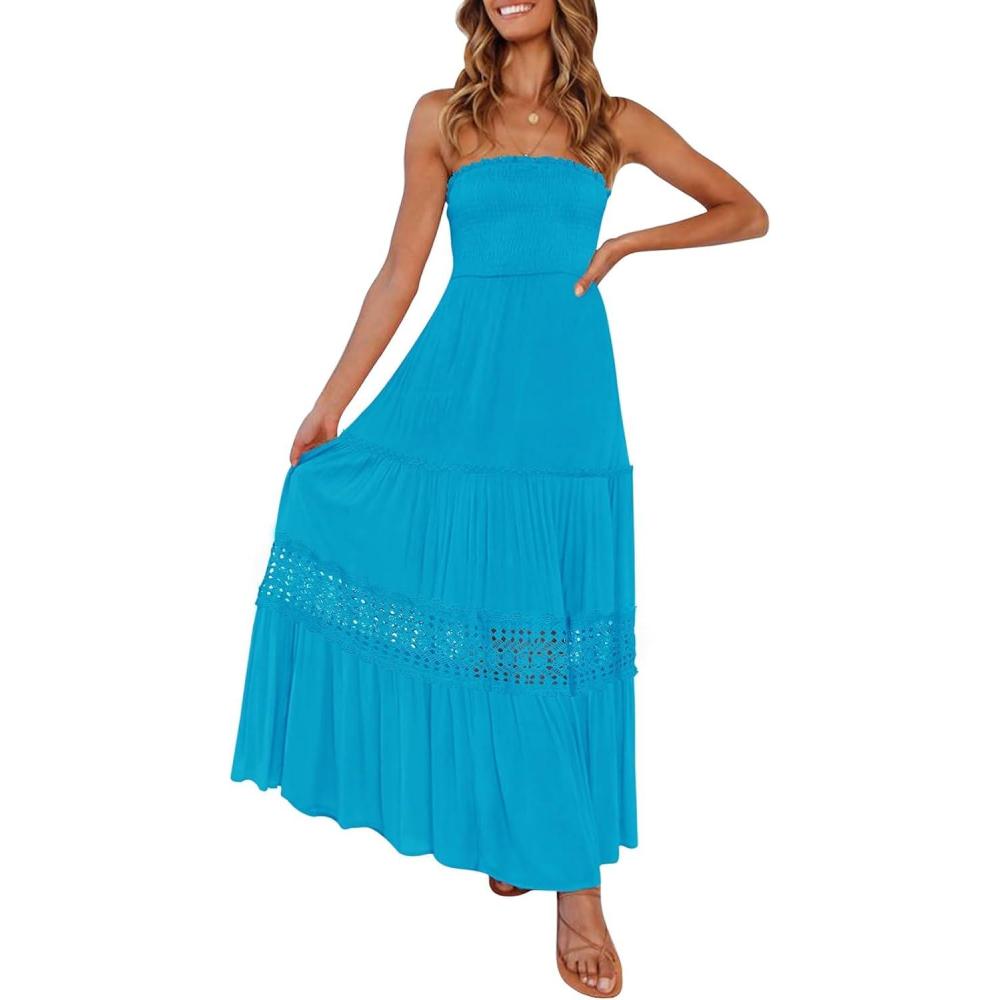 imageZESICA Womens 2026 Summer Bohemian Strapless Off Shoulder Lace Trim Backless Flowy A Line Beach Long Maxi DressCobalt