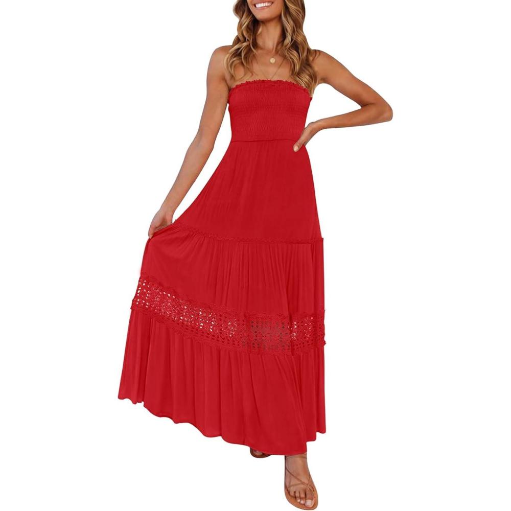 imageZESICA Womens 2026 Summer Bohemian Strapless Off Shoulder Lace Trim Backless Flowy A Line Beach Long Maxi DressFirered