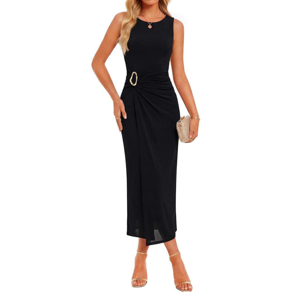 imageZESICA Womens 2026 Summer Floral Bodycon Midi Dress Sleeveless Crewneck Mesh Ruched Wedding Guest Party Long DressesAllblack
