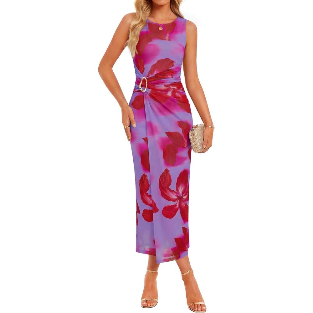 imageZESICA Womens 2026 Summer Floral Bodycon Midi Dress Sleeveless Crewneck Mesh Ruched Wedding Guest Party Long DressesPurple