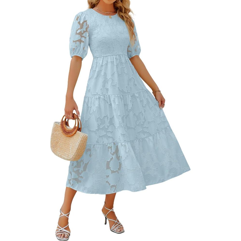imageZESICA Womens 2026 Summer Short Puff Sleeve Crewneck Smocked Floral Lace Flowy A Line Tiered Maxi DressesBlue