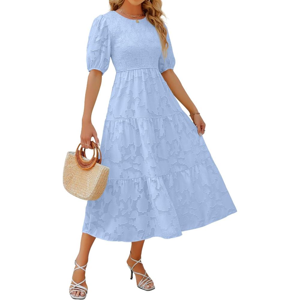 imageZESICA Womens 2026 Summer Short Puff Sleeve Crewneck Smocked Floral Lace Flowy A Line Tiered Maxi DressesLightblue
