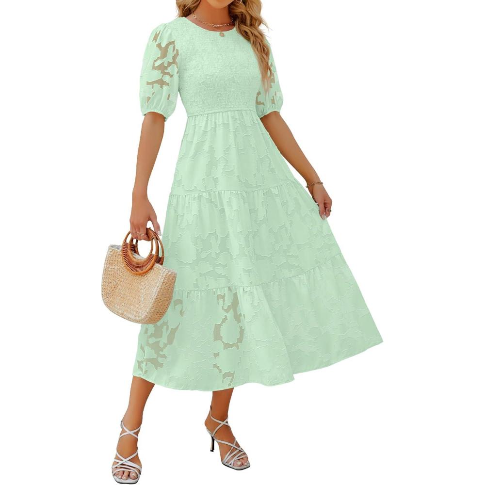 imageZESICA Womens 2026 Summer Short Puff Sleeve Crewneck Smocked Floral Lace Flowy A Line Tiered Maxi DressesMint