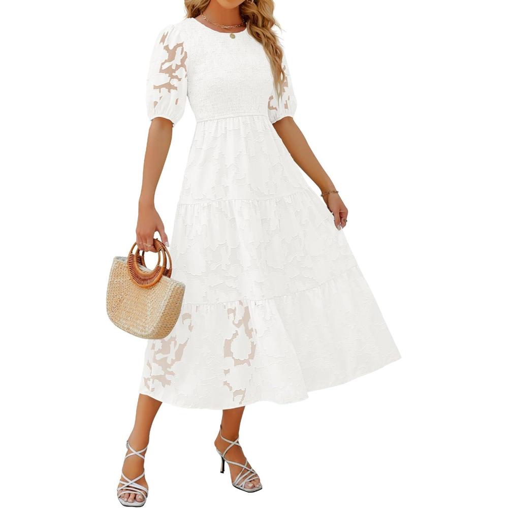 imageZESICA Womens 2026 Summer Short Puff Sleeve Crewneck Smocked Floral Lace Flowy A Line Tiered Maxi DressesWhite