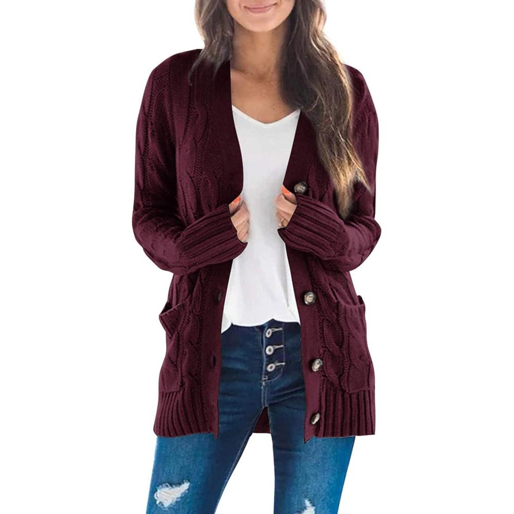 imageZESICA Womens Cardigan Sweaters 2026 Fall Button Down Open Front Cable Knit Casual Trendy Winter Clothing OuterwearBurgundy