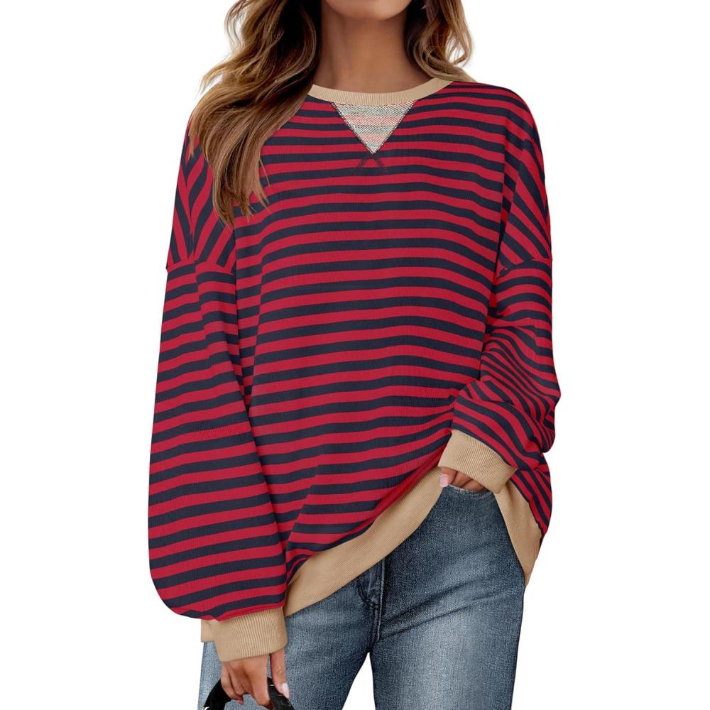 imageZESICA Womens Casual Striped Pullover Tops Long Sleeve Shirts Crewneck Oversized Sweatshirts Spring ClothesRed