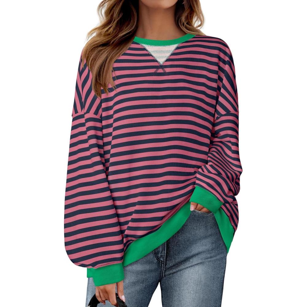 imageZESICA Womens Casual Striped Pullover Tops Long Sleeve Shirts Crewneck Oversized Sweatshirts Spring ClothesRosepink