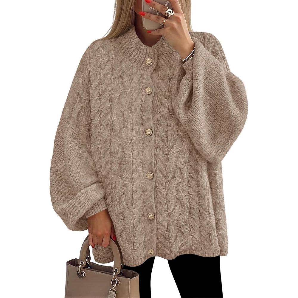 imageZESICA Womens Fall 2026 Cardigan Sweaters Long Sleeve Button Down Oversized Soft Knit Winter Coats Trendy OuterwearKhaki