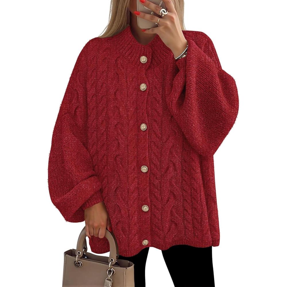 imageZESICA Womens Fall 2026 Cardigan Sweaters Long Sleeve Button Down Oversized Soft Knit Winter Coats Trendy OuterwearRed