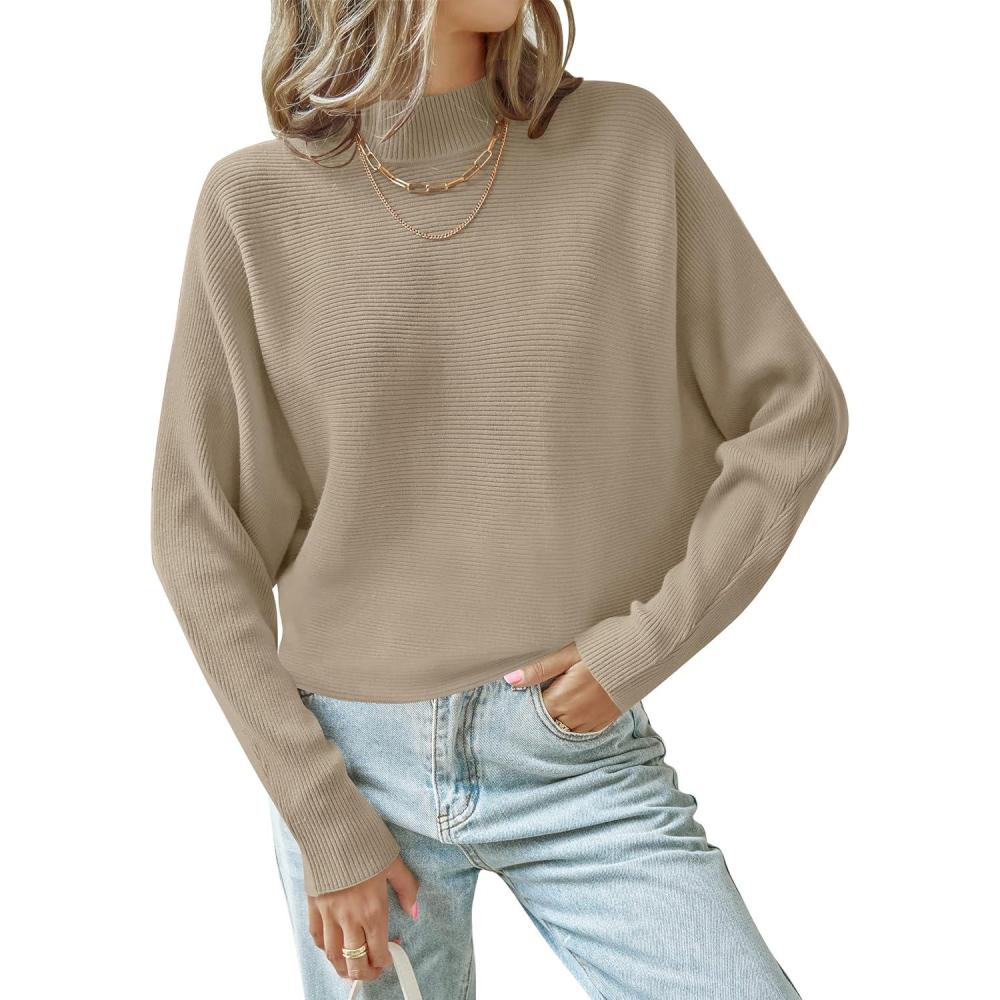 imageZESICA Womens Fall 2026 Turtleneck Batwing Long Sleeve Ribbed Knit Casual Soft Pullover Sweater Jumper TopKhaki