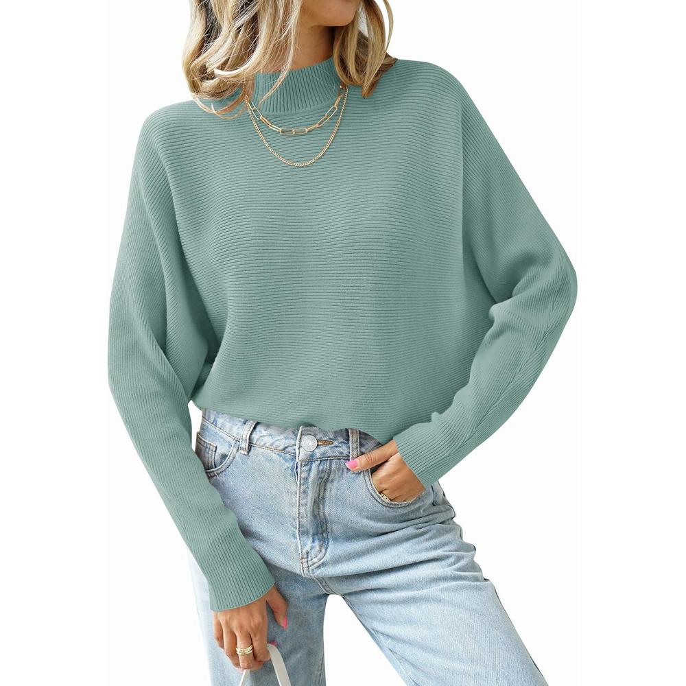 imageZESICA Womens Fall 2026 Turtleneck Batwing Long Sleeve Ribbed Knit Casual Soft Pullover Sweater Jumper TopLake