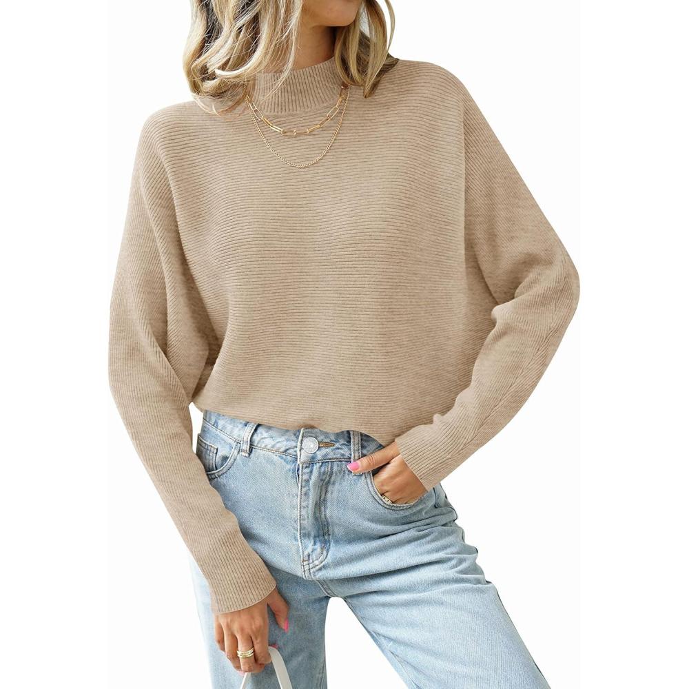 imageZESICA Womens Fall 2026 Turtleneck Batwing Long Sleeve Ribbed Knit Casual Soft Pullover Sweater Jumper TopOatmeal
