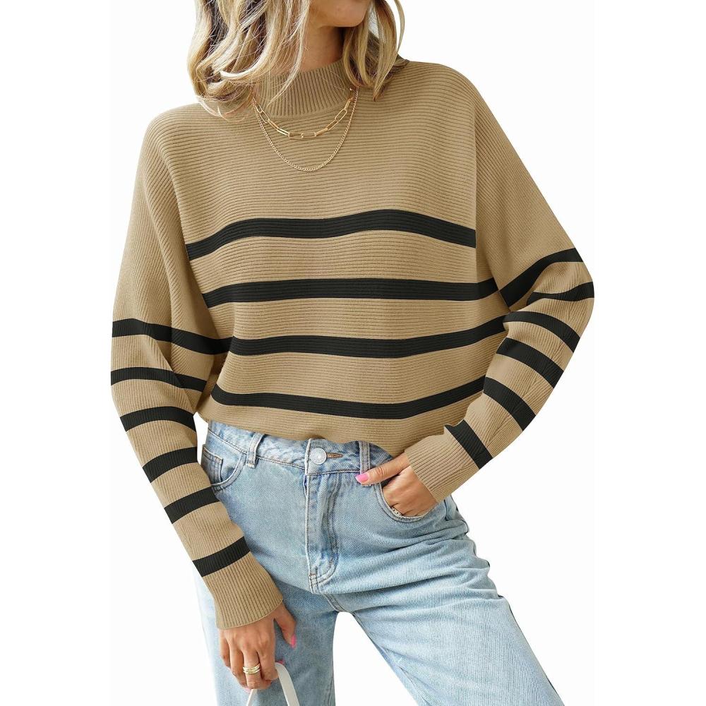 imageZESICA Womens Fall 2026 Turtleneck Batwing Long Sleeve Ribbed Knit Casual Soft Pullover Sweater Jumper TopTan
