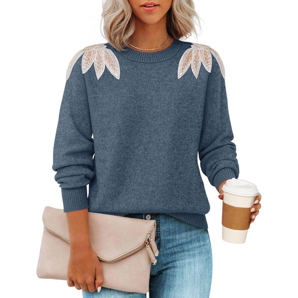 imageZESICA Womens Fall Long Sleeve Sweaters 2026 Crew Neck Knit Loose Dressy Pullover Tops Winter Trendy OutfitsDustyblue