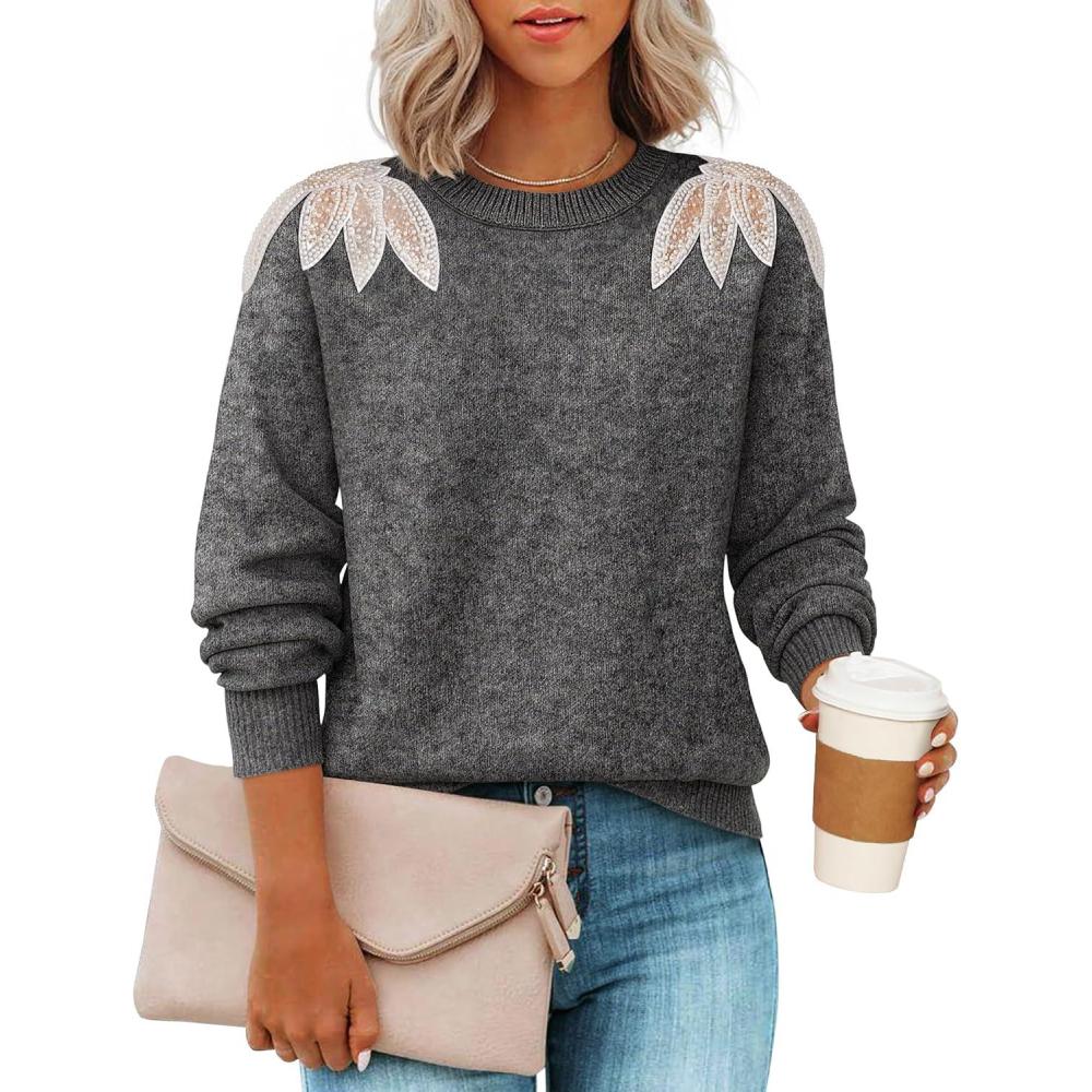 imageZESICA Womens Fall Long Sleeve Sweaters 2026 Crew Neck Knit Loose Dressy Pullover Tops Winter Trendy OutfitsGrey