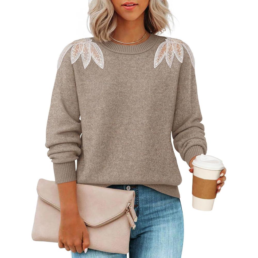 imageZESICA Womens Fall Long Sleeve Sweaters 2026 Crew Neck Knit Loose Dressy Pullover Tops Winter Trendy OutfitsKhaki