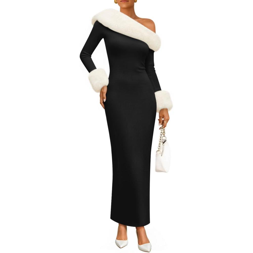 imageZESICA Womens Off The Shoulder Faux Fur Sweater Dress 2026 Spring Winter Formal Long Sleeve Bodycon Maxi Cocktail DressesBlack