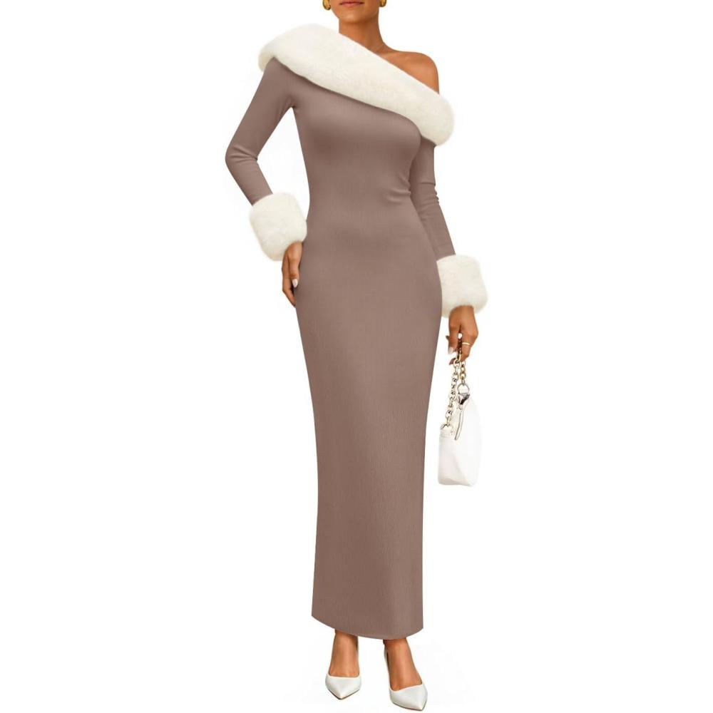 imageZESICA Womens Off The Shoulder Faux Fur Sweater Dress 2026 Spring Winter Formal Long Sleeve Bodycon Maxi Cocktail DressesSand