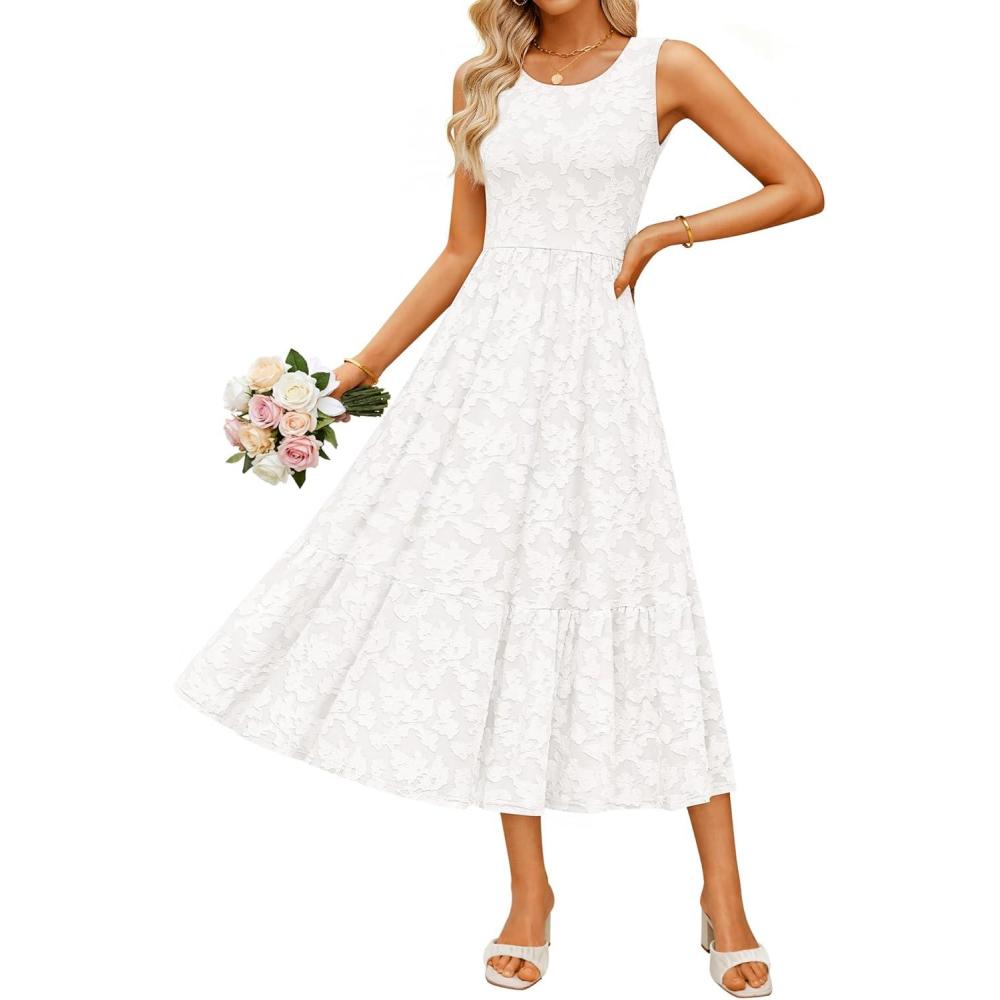 imageZESICA Womens Summer Boho Floral Midi Dress 2026 Sleeveless Beach Vacation Dresses Casual Flowy SundressWhite