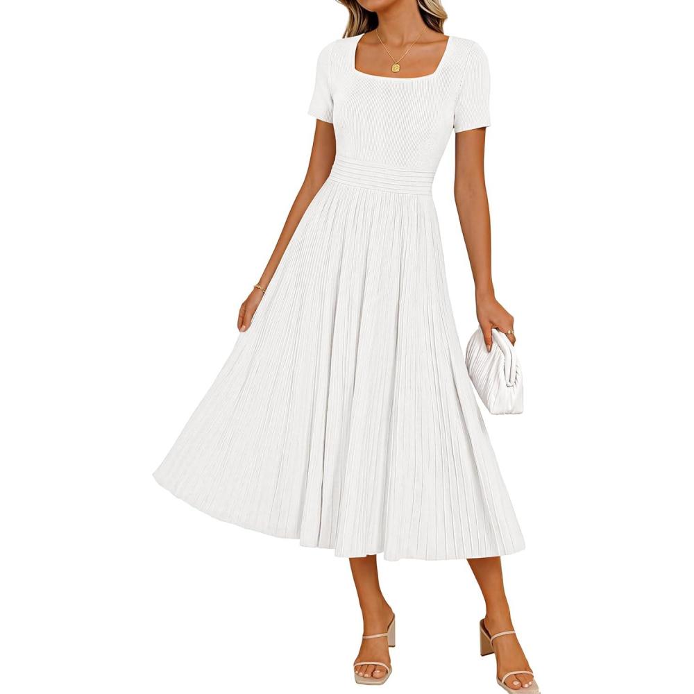 imageZESICA Womens Summer Cocktail Midi Dress 2026 Spring Business Casual Short Sleeve ALine Pleated Formal Wedding Guest DressesWhite