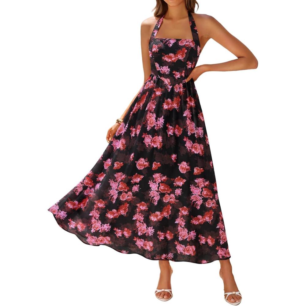 imageZESICA Womens Summer Floral Halter Midi Dress 2026 Sleeveless Off Shoulder High Waist Flowy Casual Beach Long DressesBlack
