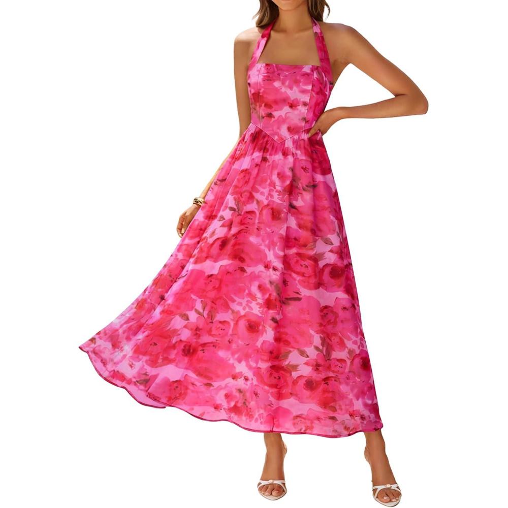 imageZESICA Womens Summer Floral Halter Midi Dress 2026 Sleeveless Off Shoulder High Waist Flowy Casual Beach Long DressesRose