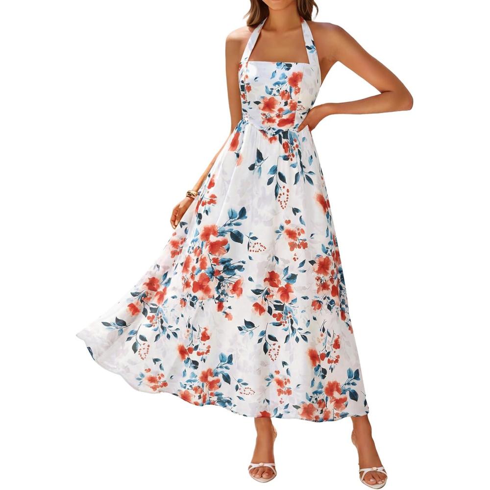 imageZESICA Womens Summer Floral Halter Midi Dress 2026 Sleeveless Off Shoulder High Waist Flowy Casual Beach Long DressesWhite
