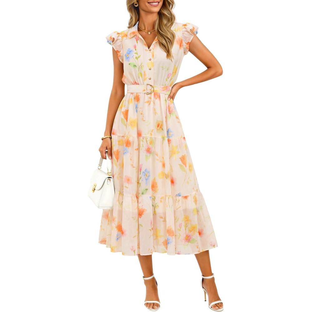 imageZESICA Womens Summer Floral Midi Dress 2026 Casual Flutter Short Sleeve Chiffon Button Down Wedding Guest Party DressesBeige
