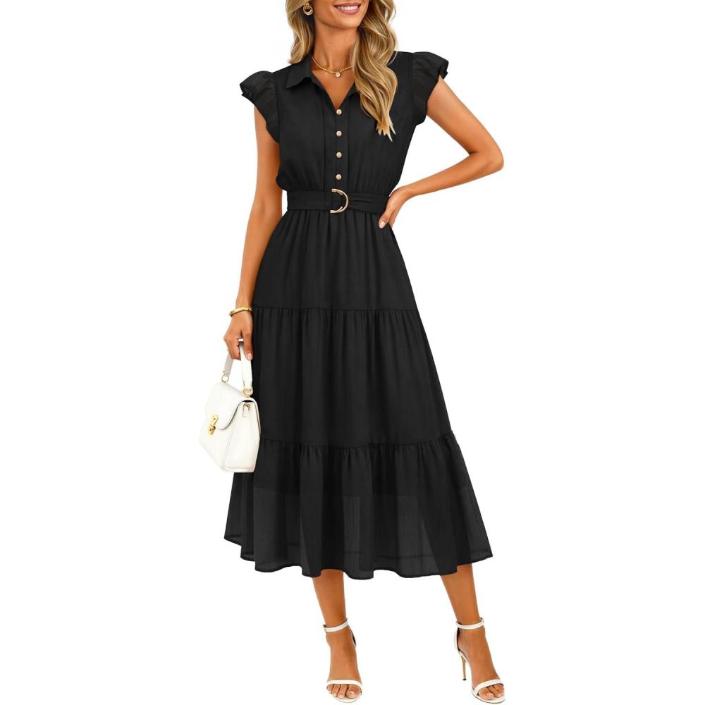 imageZESICA Womens Summer Floral Midi Dress 2026 Casual Flutter Short Sleeve Chiffon Button Down Wedding Guest Party DressesBlack