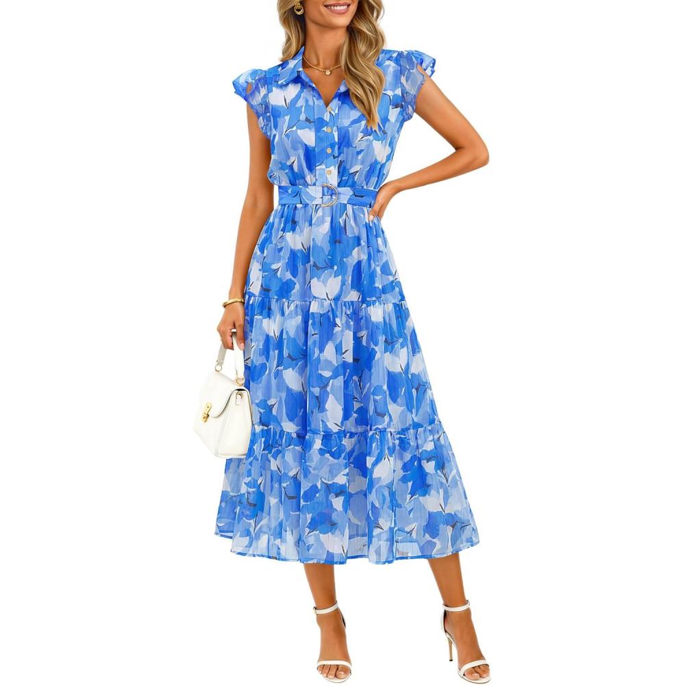 imageZESICA Womens Summer Floral Midi Dress 2026 Casual Flutter Short Sleeve Chiffon Button Down Wedding Guest Party DressesBlue