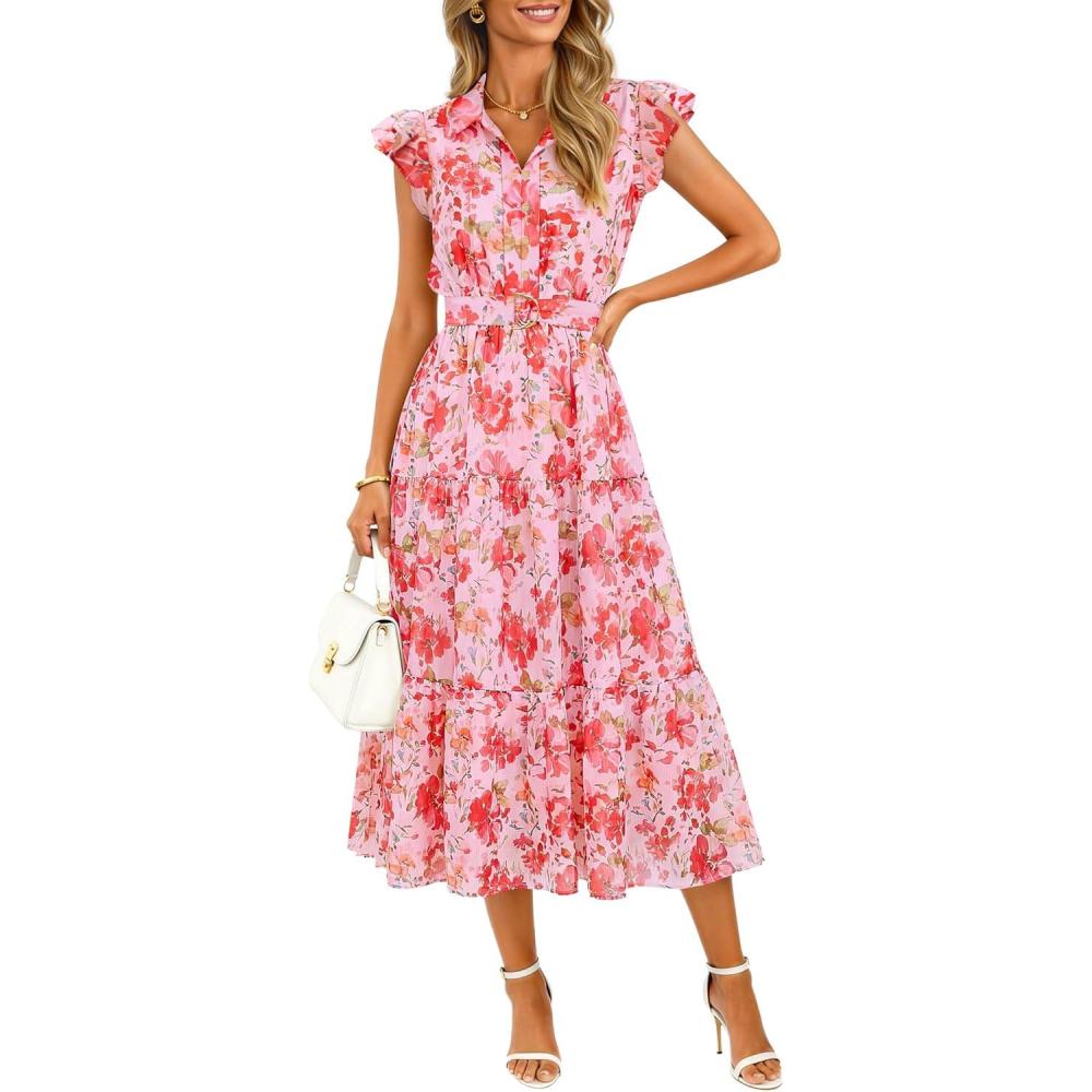 imageZESICA Womens Summer Floral Midi Dress 2026 Casual Flutter Short Sleeve Chiffon Button Down Wedding Guest Party DressesPink