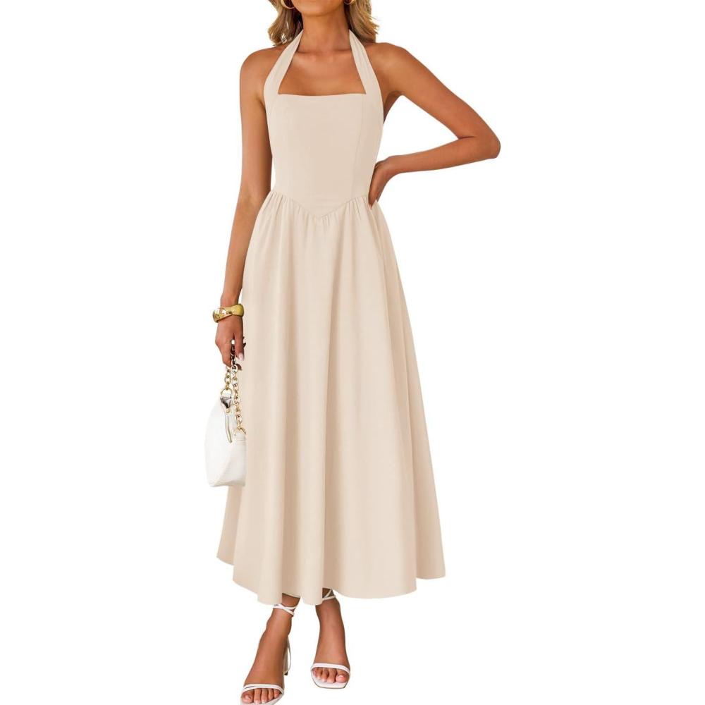 imageZESICA Womens Summer Sleeveless Halter Midi Dress 2026 Off Shoulder High Waist Flowy Beach Wedding Guest Long DressesApricot