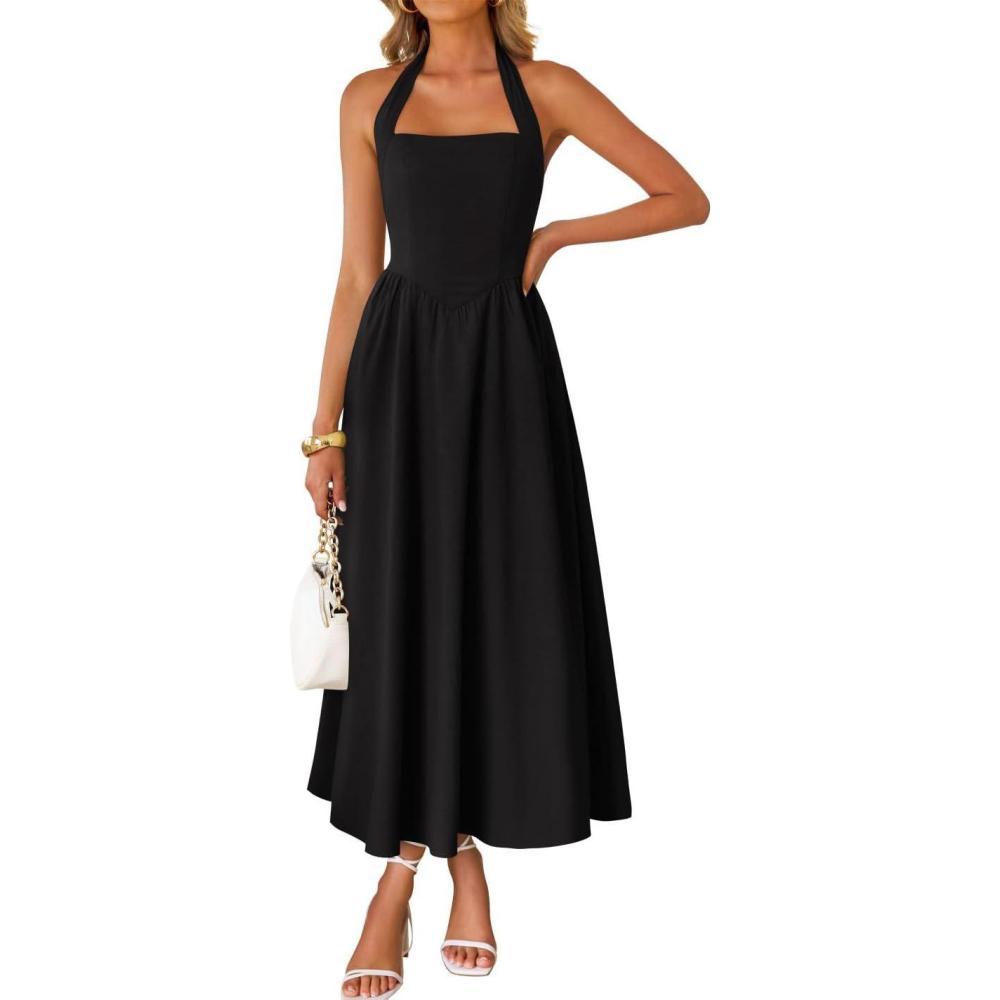 imageZESICA Womens Summer Sleeveless Halter Midi Dress 2026 Off Shoulder High Waist Flowy Beach Wedding Guest Long DressesBlack