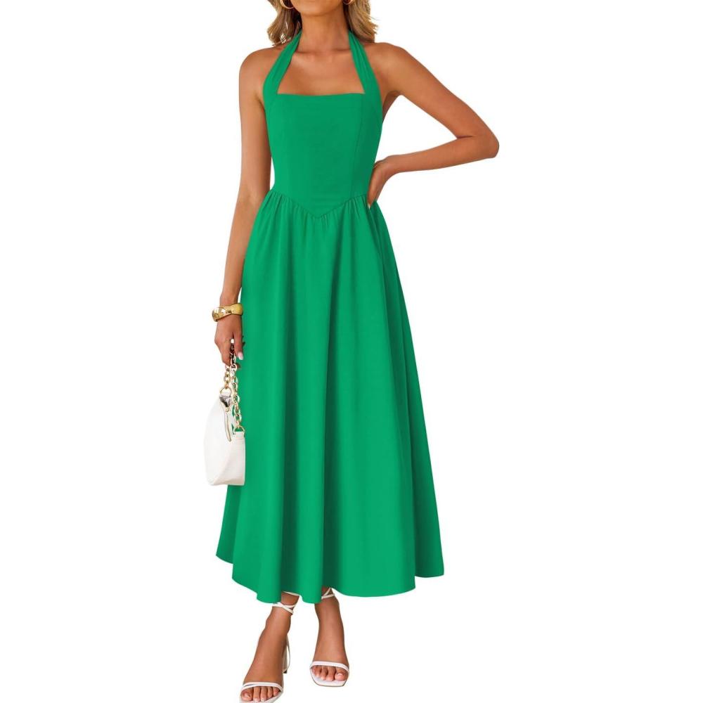 imageZESICA Womens Summer Sleeveless Halter Midi Dress 2026 Off Shoulder High Waist Flowy Beach Wedding Guest Long DressesGreen